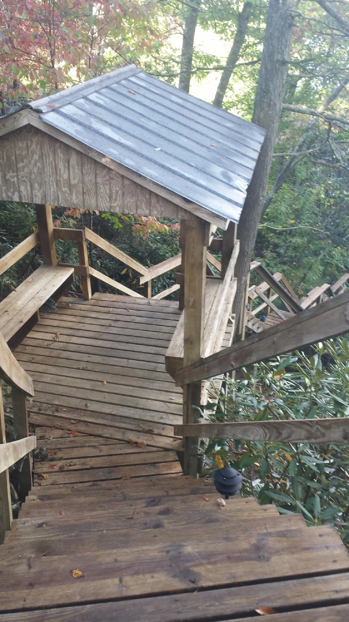 Metal roofed shelter over wooden steps on a wooded walkway — Skylight Repair & Installation work by our crew in Lanark